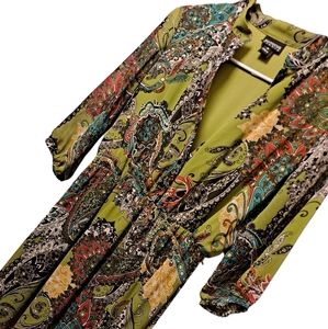 Enfocus boho maxi bold colorful floral pattern v neck long sleeve dress